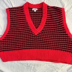 STAUD Red and Black Houndstooth Cropped Knit Vest
